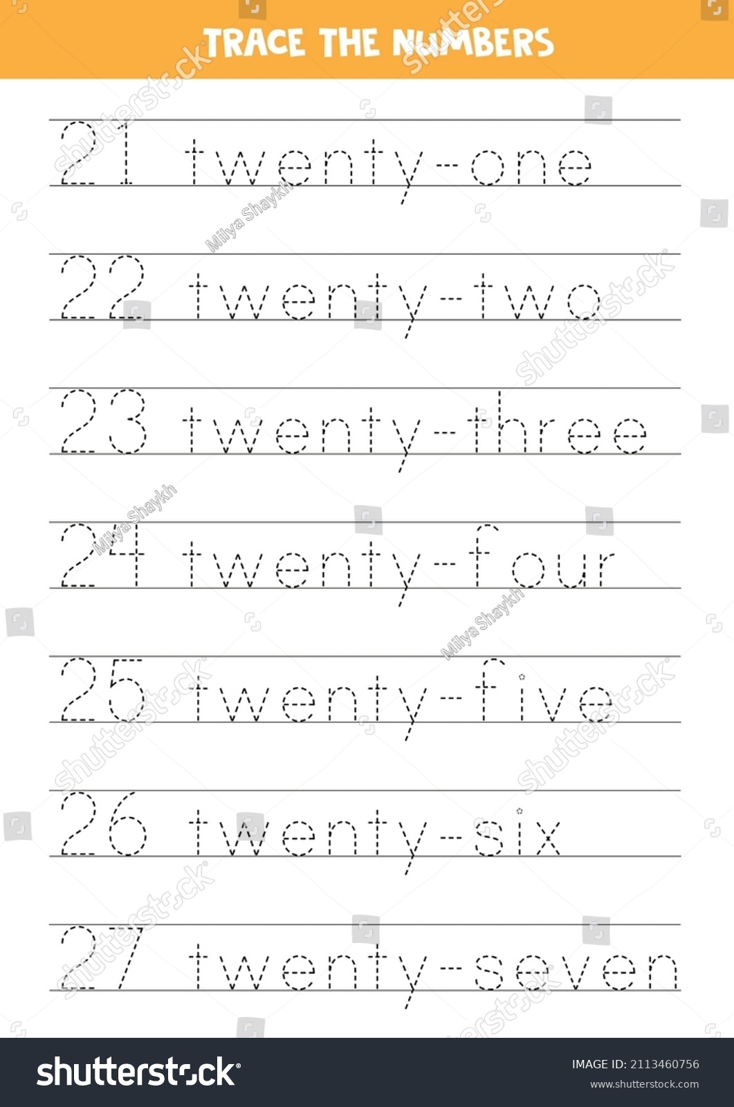 Trace Numbers Words 21 27 Worksheet Stock Vector Royalty Free 2113460756 Shutterstock