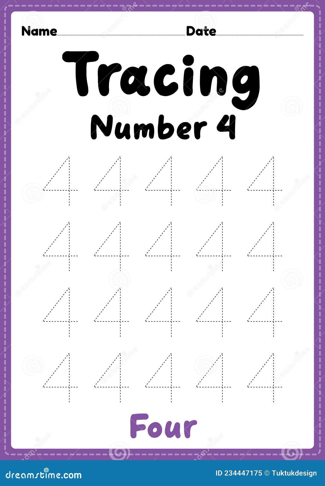 Tracing Number 4 Worksheet For Kindergarten Preschool And Montessori Kids For Learning Numbers And Handwriting Practice Stock Illustration Illustration Of Sheet Practice 234447175