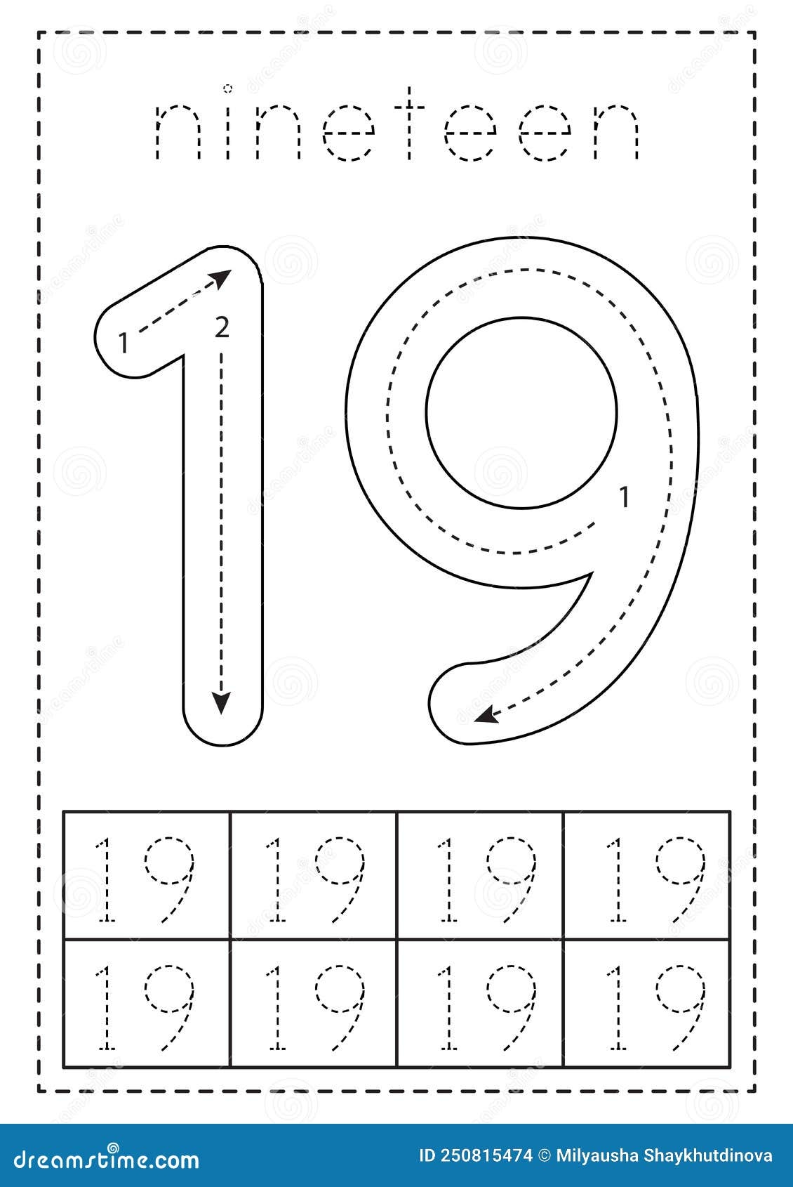 Tracing Number Nineteen Preschool Worksheet Black And White Stock Vector Illustration Of Mathematics Educate 250815474