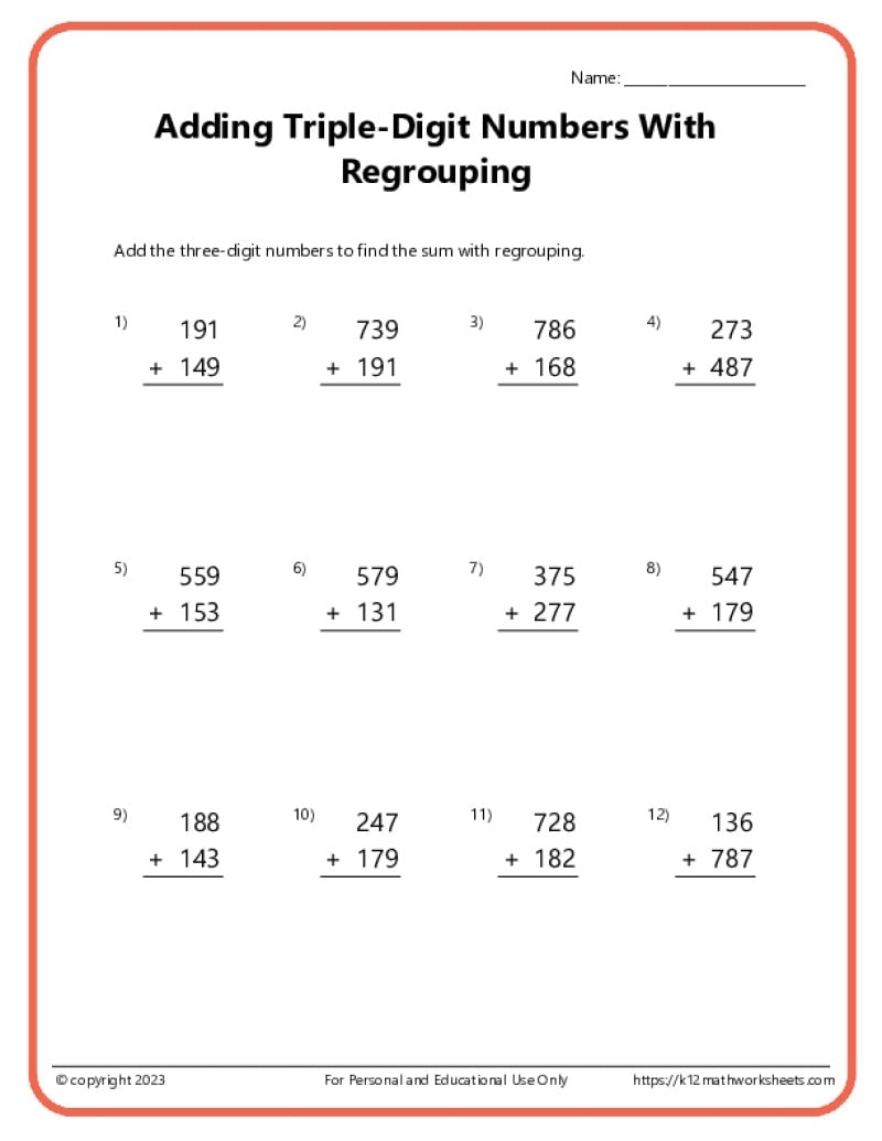 Triple Digit Addition With Regrouping K12 Math Worksheets Triple Digit Addition With Regrouping K12 Math Worksheets