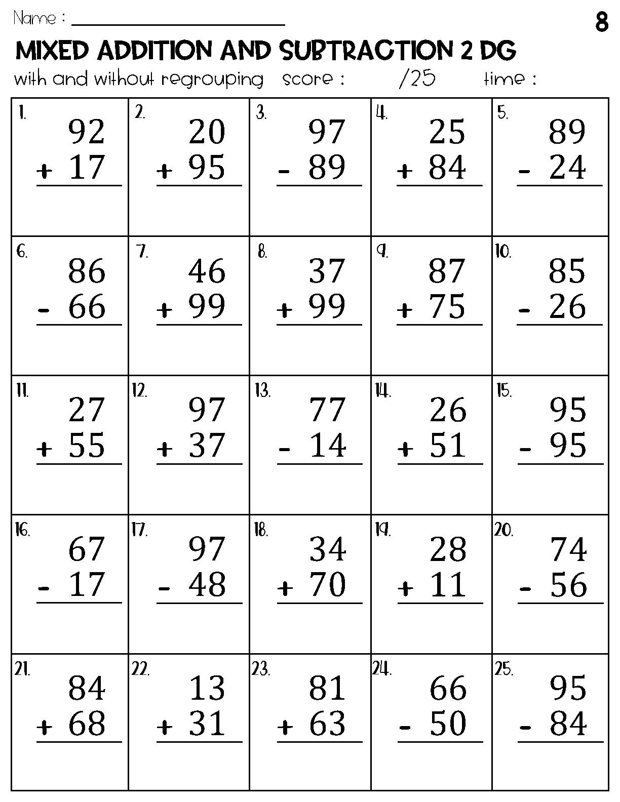 Two Digit Mixed Addition And Subtraction Without Regrouping Worksheets Etsy