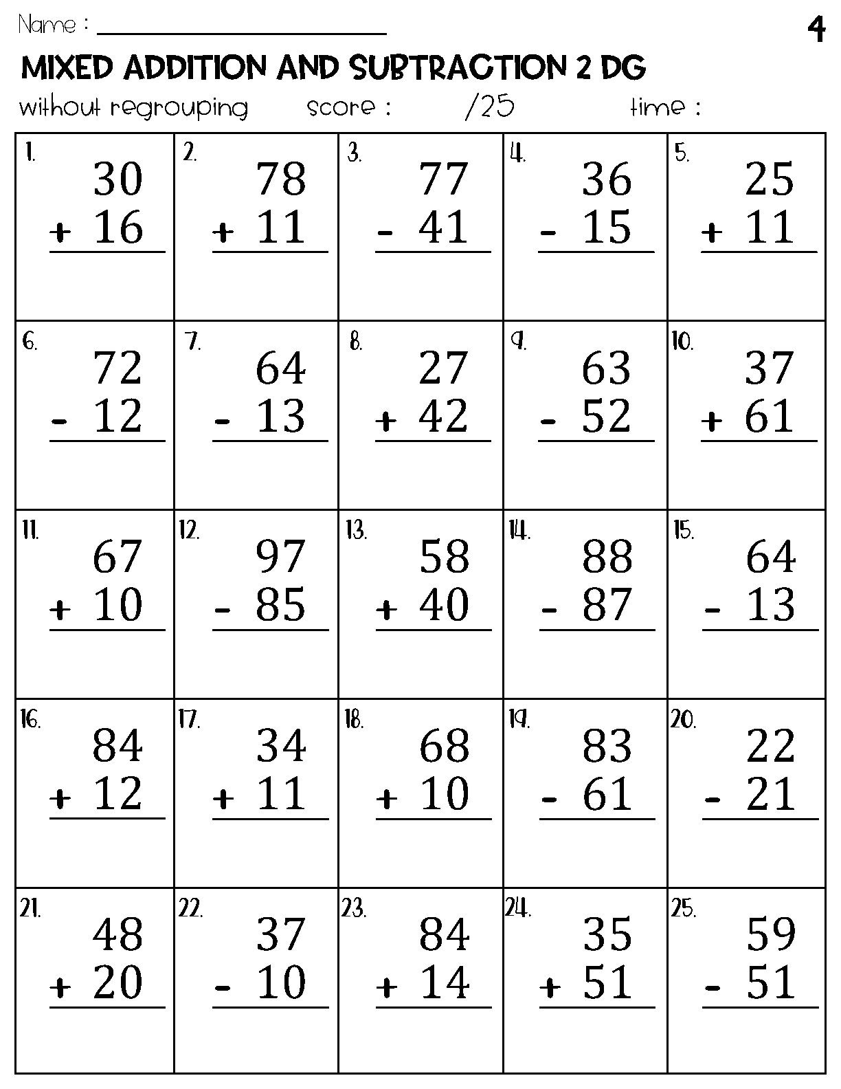 Two Digit Mixed Addition And Subtraction Without Regrouping Worksheets Etsy