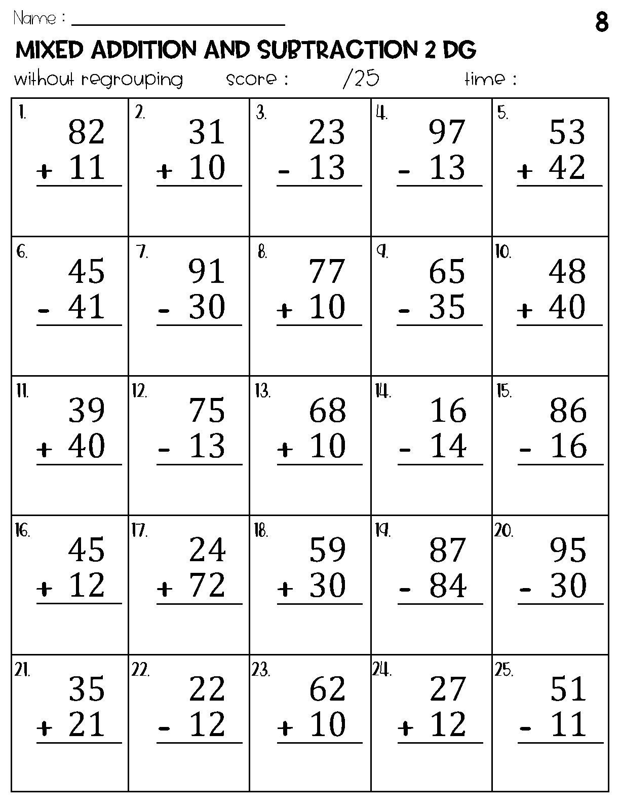 Two Digit Mixed Addition And Subtraction Without Regrouping Worksheets Etsy