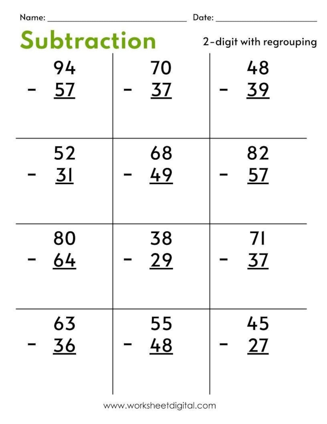 Two Digit Subtraction Worksheets With Regrouping PDF Etsy Two Digit Subtraction Worksheets With Regrouping PDF Etsy