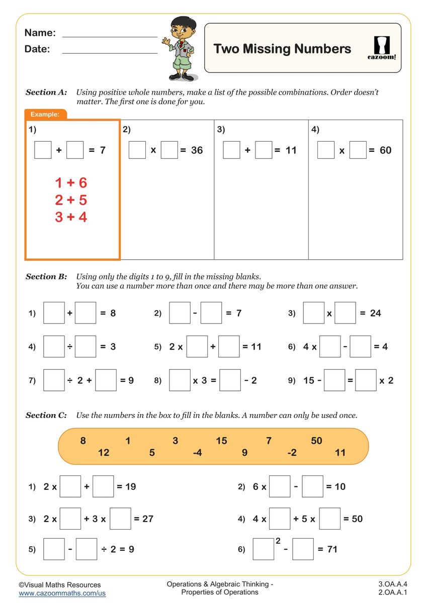 Two Missing Numbers Worksheet Fun And Engaging 3rd Grade And 2nd Grade Algebra EEF Worksheet Cazoom Math