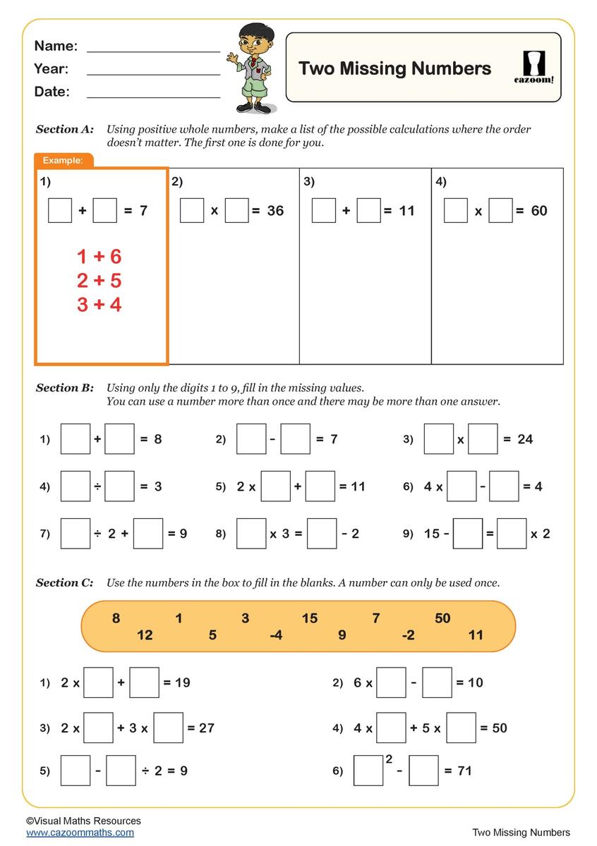 Two Missing Numbers Worksheet Fun And Engaging Year 6 PDF Worksheets