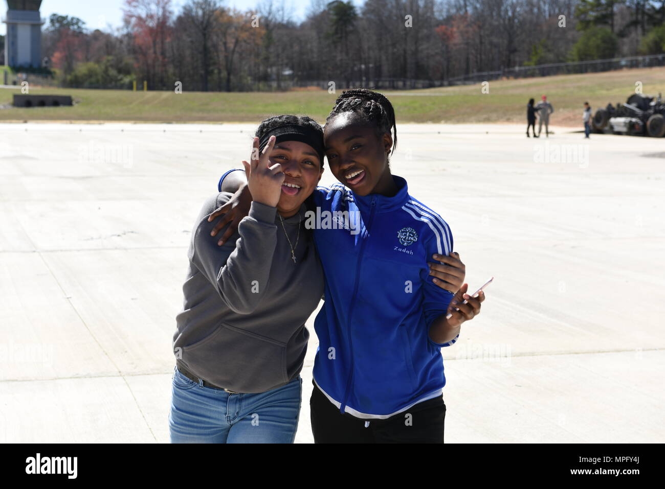 Two Students Of The Studies Club Of Winston Salem North Carolina Pose For A Photo As They Walk Between Learning Stations While Touring The North Carolina Air National Guard Base Stanley County Airport