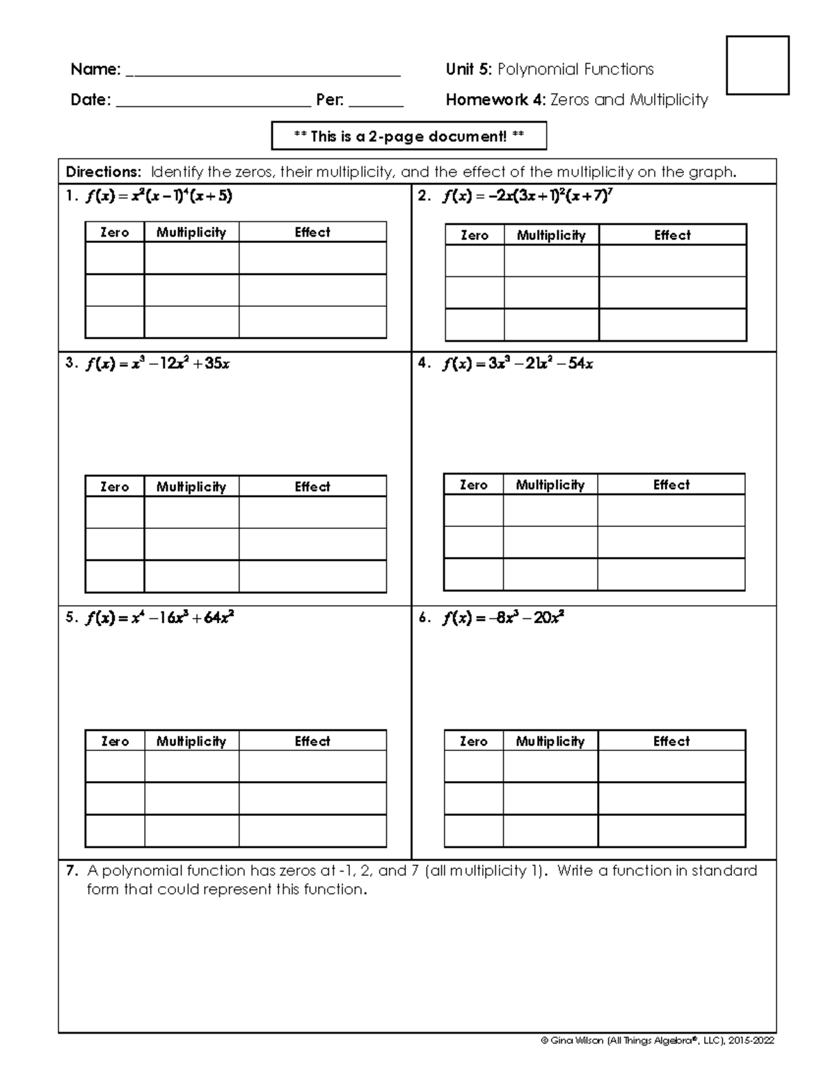 Unit 5 Polynomial Functions Zeros And Their Multiplicity HW Studocu