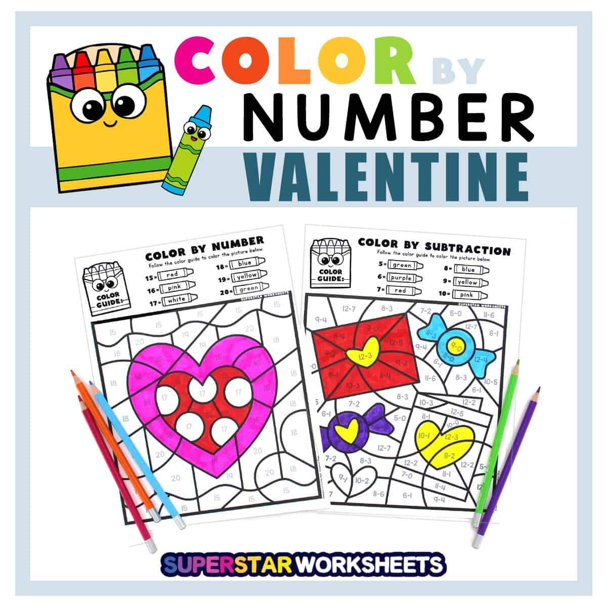 Valentines Day Color By Number Superstar Worksheets