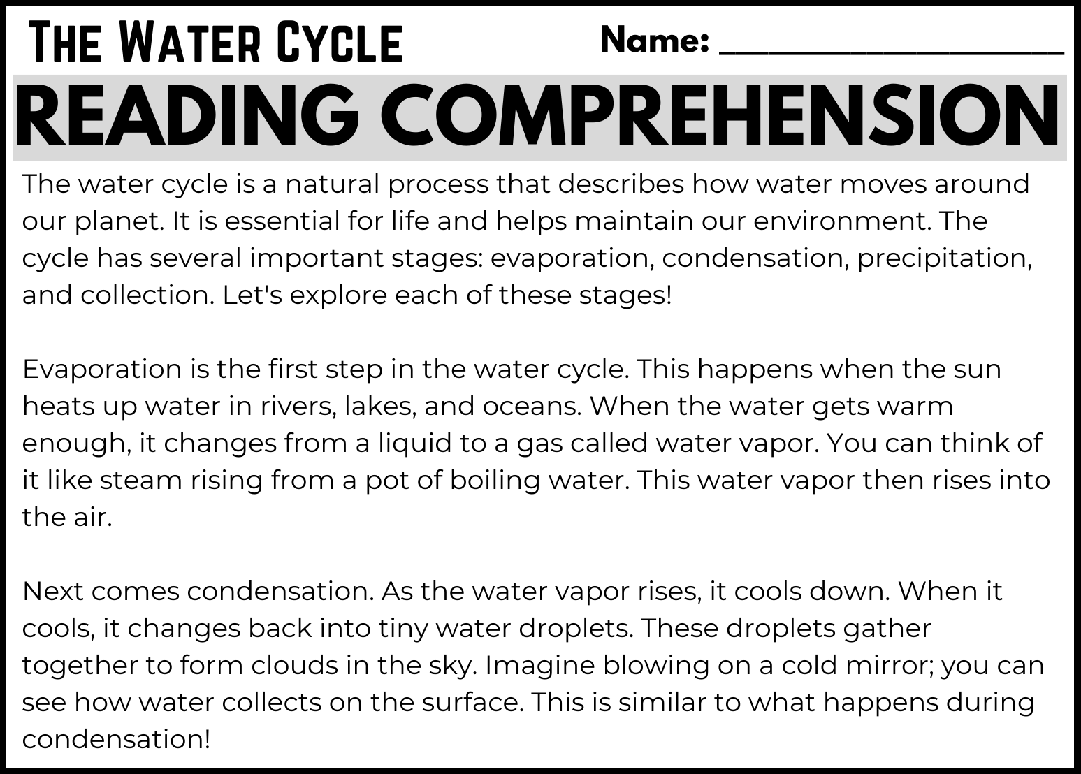 Fourth Grade Water Cycle Reading Comprehension Worksheet