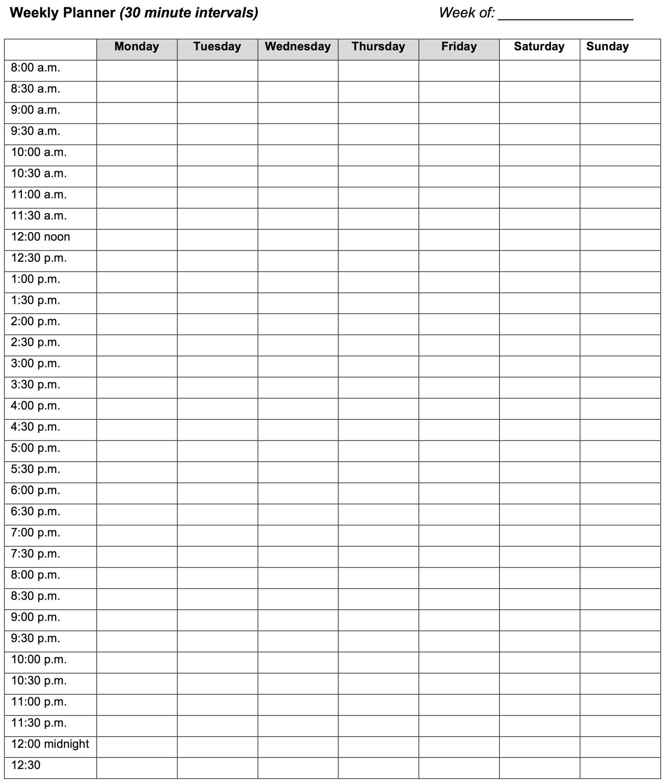 Weekly Planner 30 Minute Intervals The Learning Center