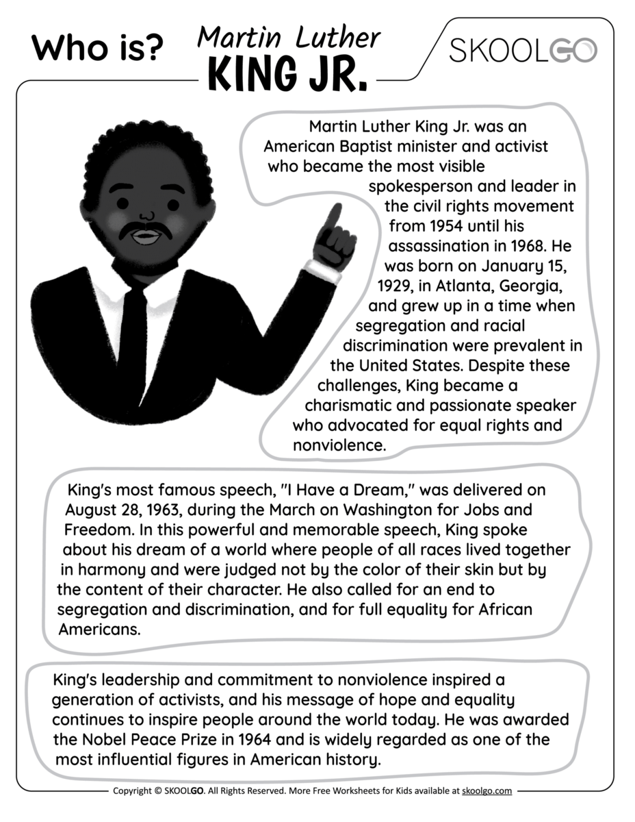 Who Is Martin Luther King Jr Free Worksheet SKOOLGO Martin Luther King Jr Day Holidays Reading Comprehension Passages K 2 Made By Teachers