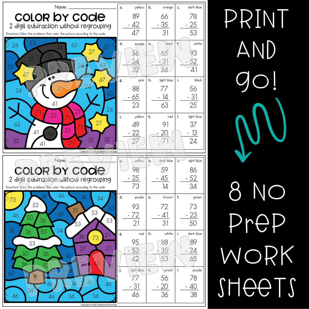 Winter 2 Digit Subtraction Without Regrouping Worksheet Color By Code Made By Teachers