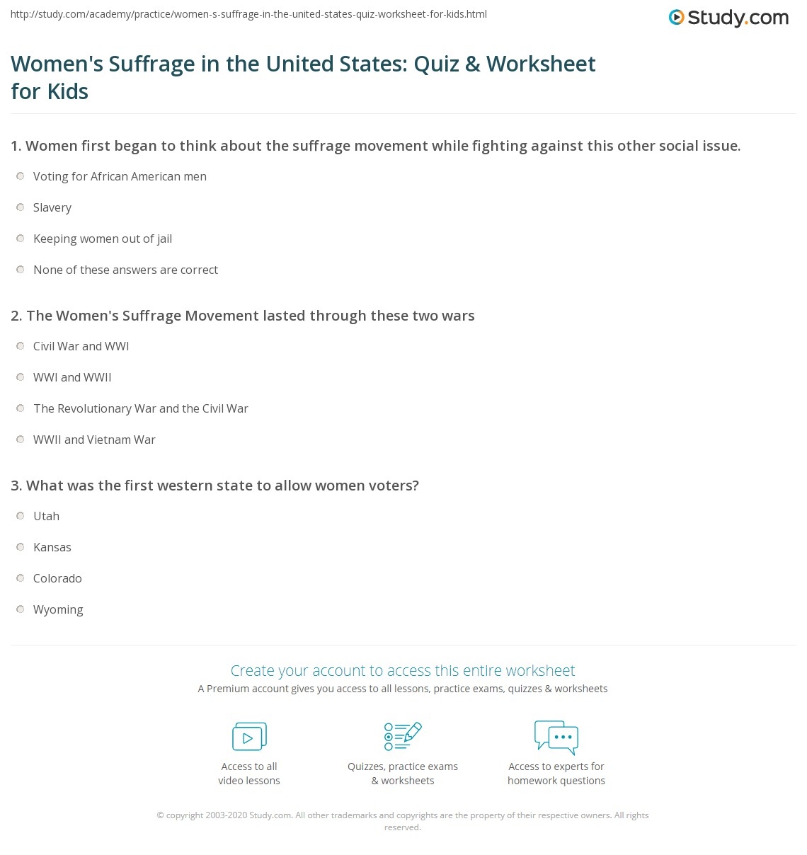 Women s Suffrage In The United States Quiz Worksheet For Kids Study