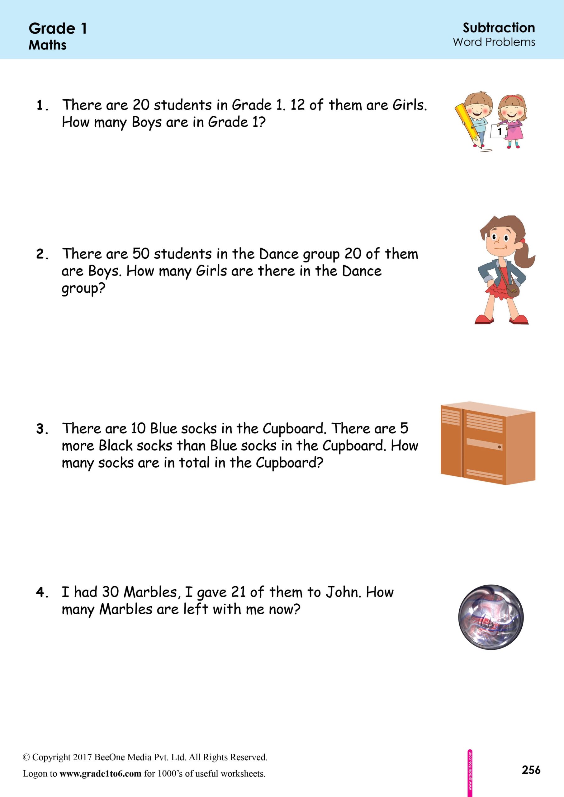 Word Problems In Subtraction Worksheets Grade1to6