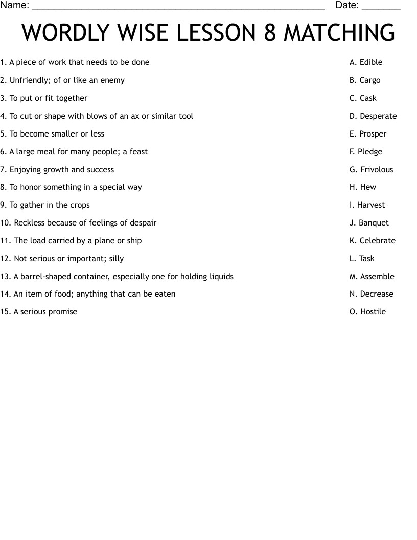 WORDLY WISE LESSON 8 MATCHING Worksheet WordMint