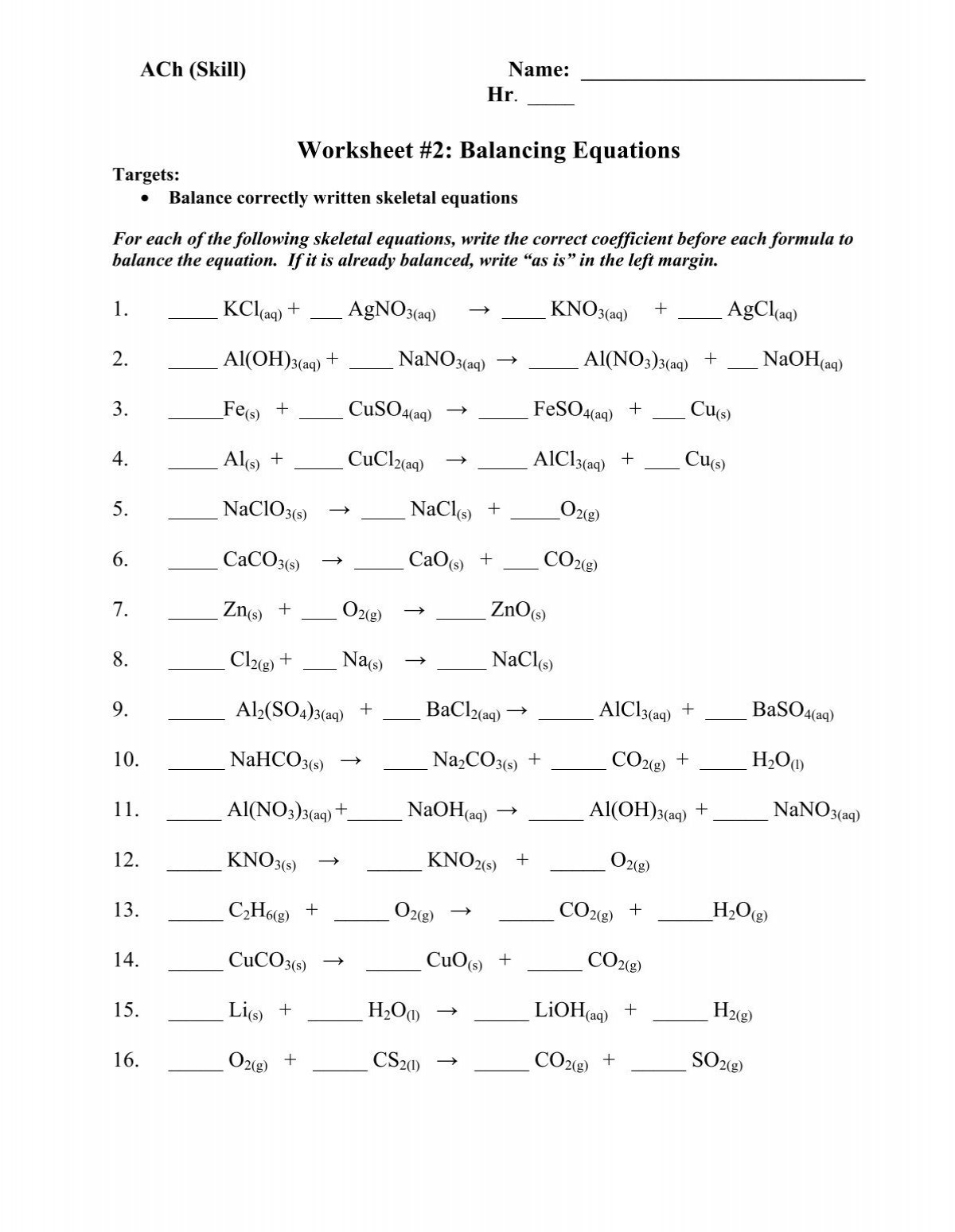 Worksheet 2 Balancing Equations ACh ACh Whitnall High School Balancing Chemical Equations Practice Sheet