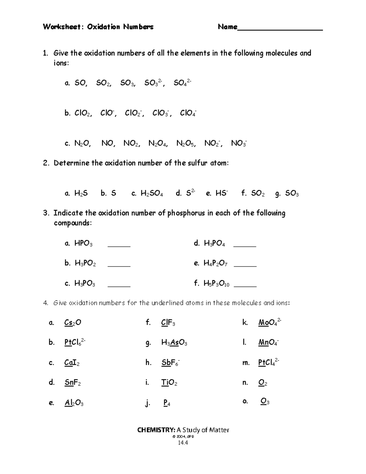 Worksheet Oxidation Numbers Chemistry CHEM 101 Studocu