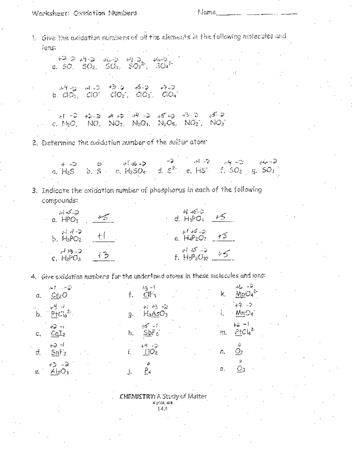 WS Oxidation Numbers Worksheet Assigning Oxidation States Studocu